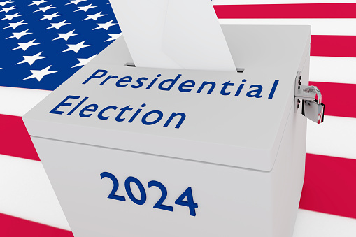 3D illustration of USA 2024 Election script on a ballot box, with US flag as a background.