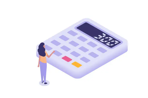 Vector illustration of Woman with big calculator. Vector illustration.