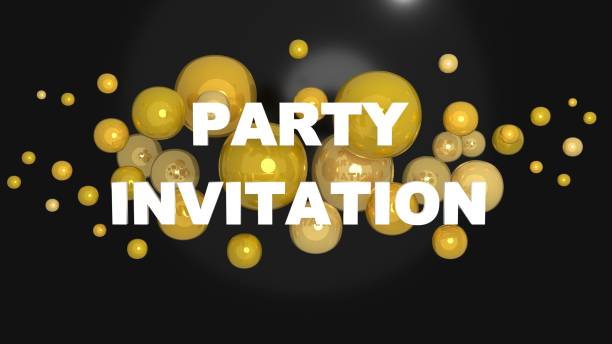 Party Invitation Word Multiple Gold Bubbles Black Background Banner