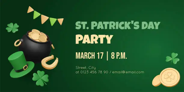 Vector illustration of St. Patrick's Day banner with 3D traditional Irish elements.