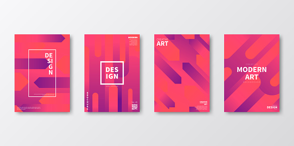 Set of four vertical brochure templates with modern and trendy backgrounds, isolated on blank background. Abstract illustrations with geometric shapes and beautiful color gradient (colors used: Orange, Red, Pink, Purple). Can be used for different designs, such as brochure, cover design, magazine, business annual report, flyer, leaflet, presentations... Template for your own design, with space for your text. The layers are named to facilitate your customization. Vector Illustration (EPS file, well layered and grouped). Easy to edit, manipulate, resize or colorize. Vector and Jpeg file of different sizes.