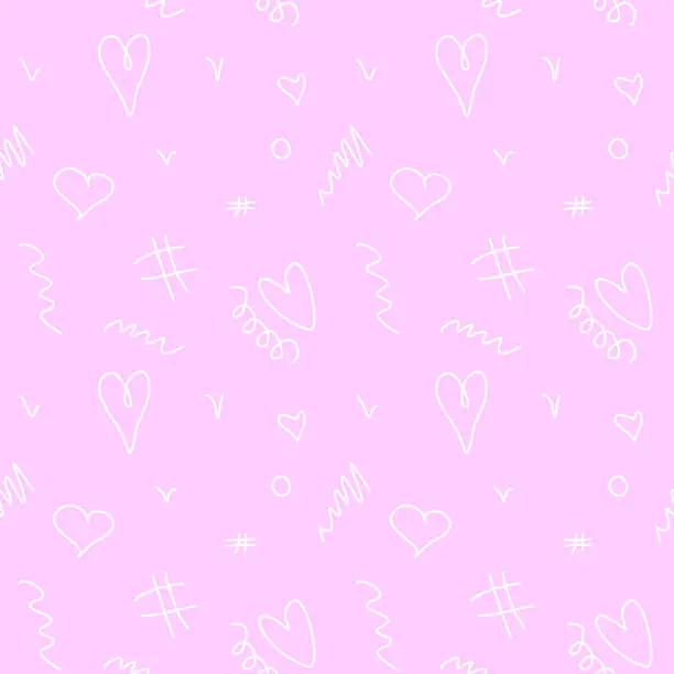 Vector illustration of Seamless pink abstract pattern of different outline hearts and doodles. Freehand scribble background, texture for textile, wrapping paper, Valentines day, romantic design