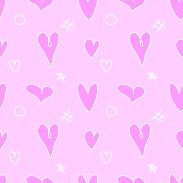 Vector illustration of Seamless pink abstract pattern of different outline hearts and doodles. Freehand scribble background, texture for textile, wrapping paper, Valentines day, romantic design