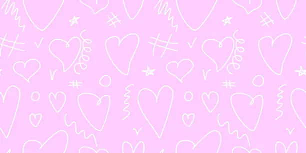 Vector illustration of Seamless pink abstract pattern of different outline hearts and doodles. Freehand scribble background, texture for textile, wrapping paper, Valentines day, romantic design