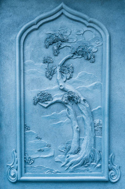 Vietnamese, Chinese stone tree relief, sculpture in a pale blue colour