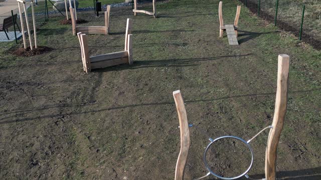 park for dogs. training ground for dogs. Tunnels and beams, obstacle courses of metal and plastic. design new playground for dog owners, flying