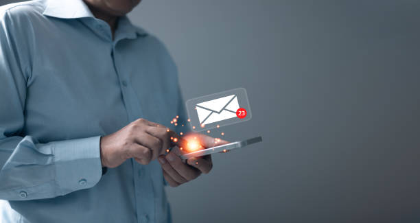 istock Inbox receiving electronic message alert. Business people touch on email in virtual screen. New email notification concept for business e-mail communication and digital marketing. campaign online. 1969495996