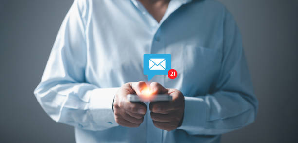 istock Inbox receiving electronic message alert. Business people touch on email in virtual screen. New email notification concept for business e-mail communication and digital marketing. campaign online. 1969496003
