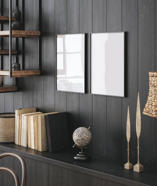 istock Mockup frame in black living room interior with retro decor 1969505548