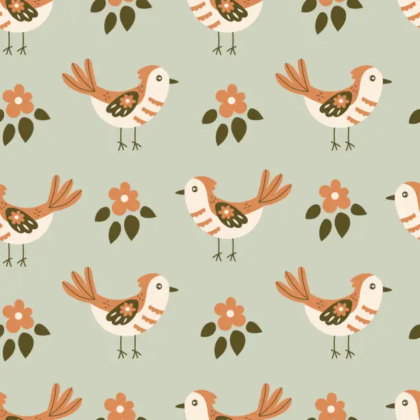 Vector illustration of Trendy birds and flowers seamless pattern