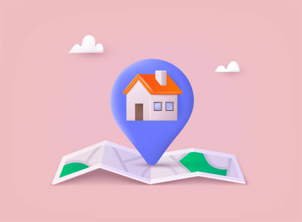 ilustrações, clipart, desenhos animados e ícones de casa em um mapa. render casa para imóveis, hipoteca, conceito de empréstimo e homepage. ilustrações vetoriais web 3d. - real estate credit card sign map