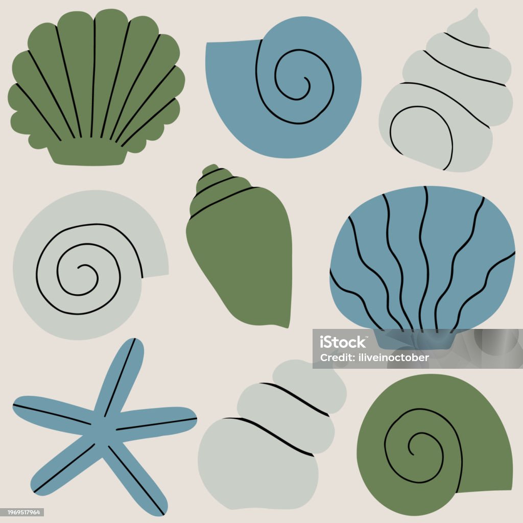Sea Shell Simple Shaded Cute And Simple Vector Pattern With Different Sea Shells In A Row Stock ...