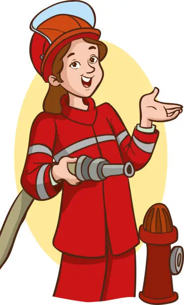 Vector illustration of Portrait female firefighter in uniform. Happy firefighter with hose in hand. Female firefighter standing with professional equipment. Vector illustration on white background