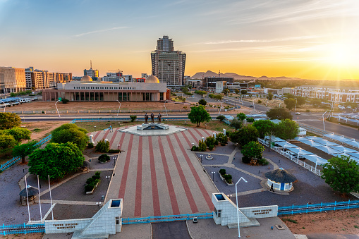 Botswana, Gaborone, 10.22.2017 aerial view of the statue monumant of the 3 Dikgosi monument, Bathoen, Khama II and Sebele