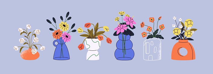 Modern vases with flowers set. Peony, tulipe in patterned pottery pot. Bloom bouquet in glass pitcher. Different plants in flowerpots. Floral interior decoration. Flat isolated vector illustrations.