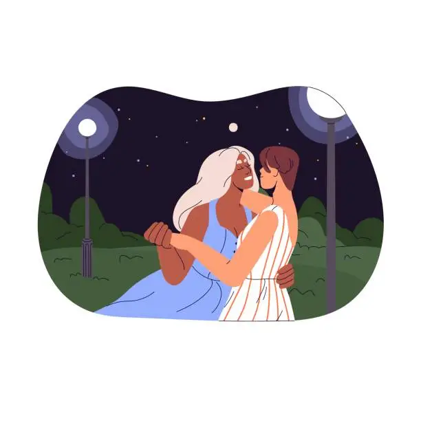 Vector illustration of Interracial lesbian couple on romance date outdoors. Girls dance in park at night with starry sky. LGBT love. Homosexual romantic relationship. Flat isolated vector illustration on white background