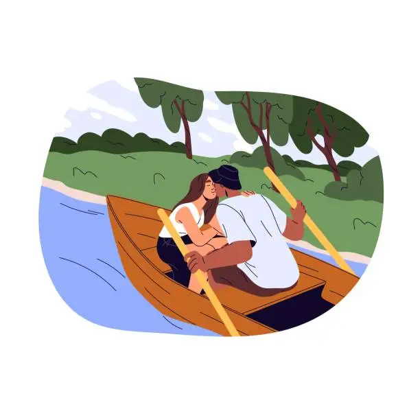 Vector illustration of Couple on romantic date outdoors. People kiss on wooden boat ride. Romance during walking on forest river. Young pair in love relationship. Flat isolated vector illustration on white background