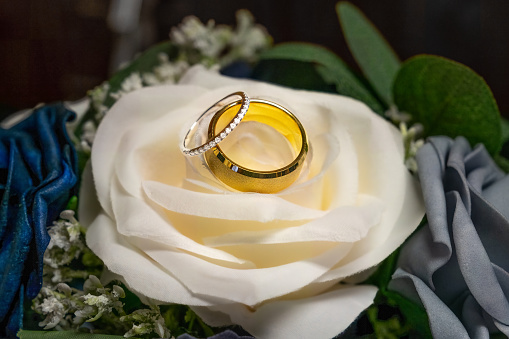 A gold band and a diamond-encrusted ring, placed perfectly within the soft petals of a white rose