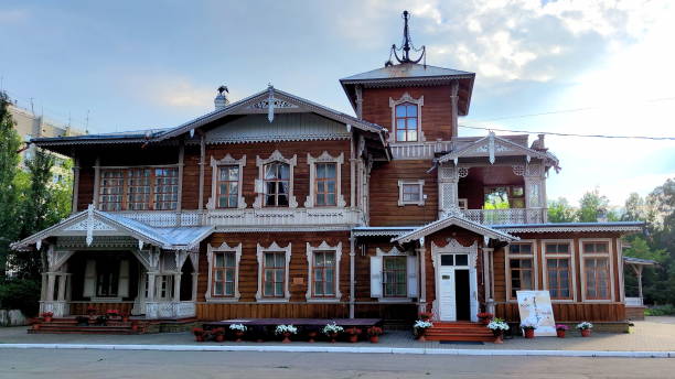 Irkutsk, Russia - August 3, 2023. Museum V. P. Sukachev's Estate. Daytime Photo of Beautiful Wooden House built in the 19th Century.