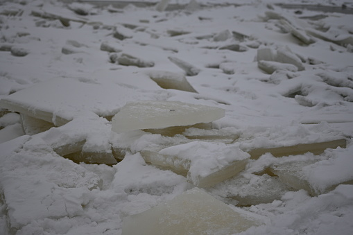 fragments of split people on the river, chunks of people on the river, spring ice drifting