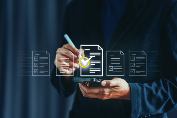 istock Checklist and filling survey form online. Document management system, DMS. checklist, take an assessment, questionnaire, evaluation, online survey, online exam. 1969604710