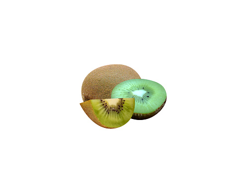 Close-up of kiwi fruits with water drops against white background.