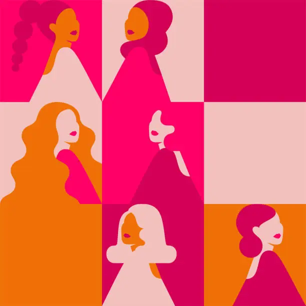 Vector illustration of Seamless pattern with silhouettes of women in pink and gold colors. Repeatable background with different female persons in squares in simple style