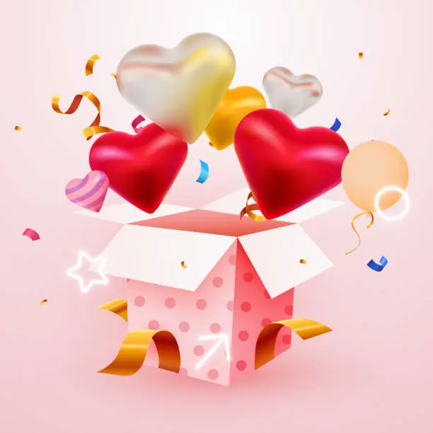 Vector illustration of 3d Present box explosion with hearts and confetti. Happy Valentines day.