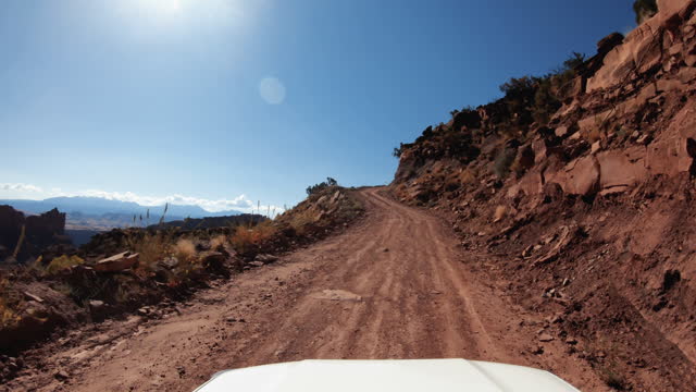 POV car off road driving on Shafer trail in canyon, Moab