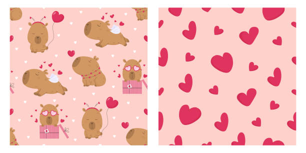 Set of seamless patterns with lovely capybara and hearts, vector background. Perfect for Valentine day cards, wrapping paper, cover, textile Set of seamless patterns with lovely capybara and hearts, vector background. Perfect for Valentine day cards, wrapping paper, cover, textile capybara-symbol stock illustrations