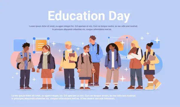 Vector illustration of mix race students group with backpacks in casual clothes standing together education day concept full length horizontal