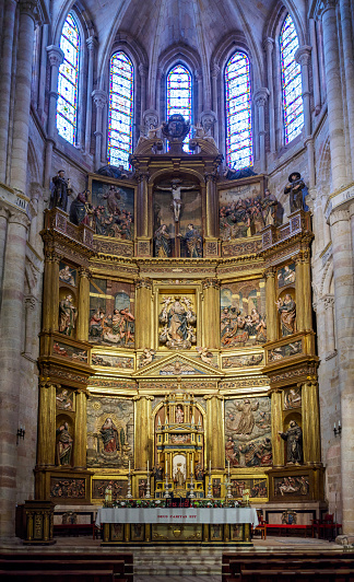 Sigüenza, Spain - January 19, 2024. Main altarpiece of Sigüenza Cathedral. Guadalajara, Castilla la Mancha, Spain.