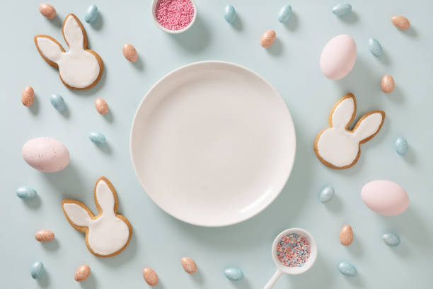 istock Easter bunny cookies on blue background. Top view. 1969699263