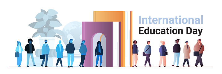 students group enters room through door international education day concept full length horizontal vector illustration