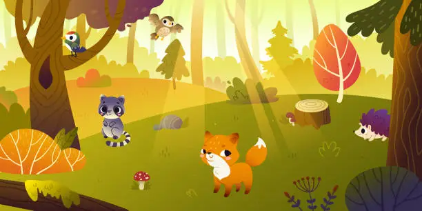 Vector illustration of Cartoon autumn forest with cute animals. Cute vector woodland landscape with baby animals.