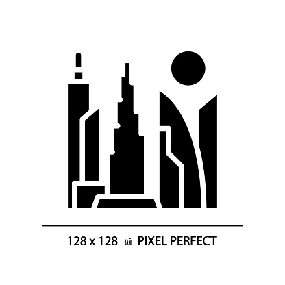 Dubai skyscrapers modern black glyph icon. Artificial island, twisted tower, famous landmarks. Luxury lifestyle resort. Silhouette symbol on white space. Solid pictogram. Vector isolated illustration
