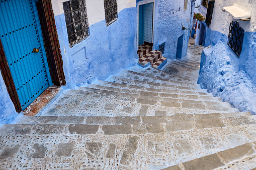 Blue street with stairs in Chefchaouen, Morocco, North Africa.