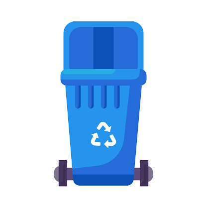 Opened transportable container with lid for storing, recycling and sorting used household paper waste. Empty trash bin for scrap paper and cardboard boxes. Simple cartoon vector
