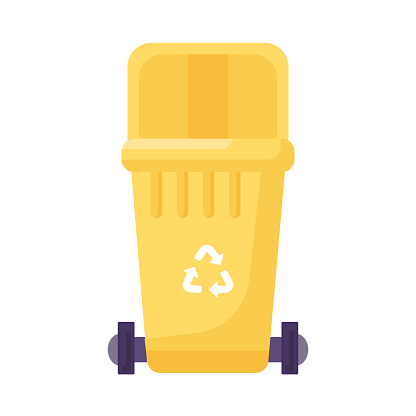 Opened transportable container with lid for storing, recycling and sorting used household organic waste. Empty trash can with recycle sign for food grocery leftovers. Simple cartoon vector