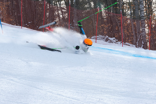 Mont Ste Marie Quebec, Canada – January 24, 2024: A ski racer competing in Quebec Super Series Giant Slalom race at Mont Ste Marie, Quebec