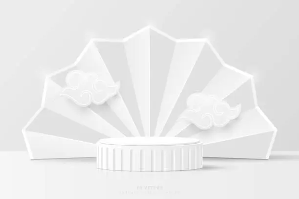 Vector illustration of Modern white 3D cylinder podium pedestal realistic with chinese fan backdrop, clouds floating. Minimal scene for product mockup, template, presentation. Promotion stage and Happy Chinese New Year.
