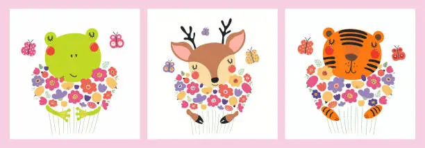 Vector illustration of Cute animals holding flower bouquets cards set