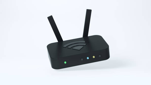 istock Simple Black Internet WiFi Router with Antennas on Soft Light Studio Background. Ethernet Concept. Isolated. Cartoon Minimalism Style. Minimal Icon. 1969774992