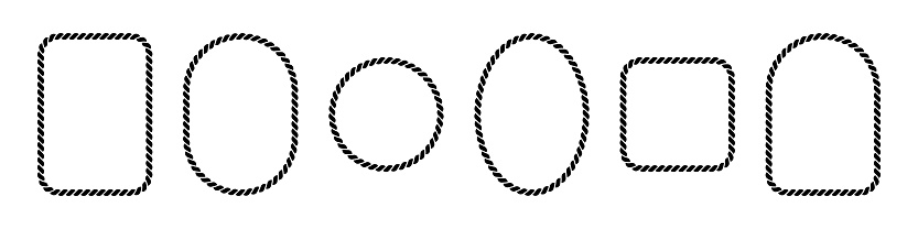 Vector rope frames. Silhouette borders are round, oval and square. Pack of isolated elements on a white background.