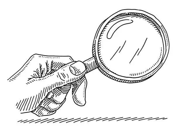 Vector illustration of Hand Holding A Magnifying Glass Drawing