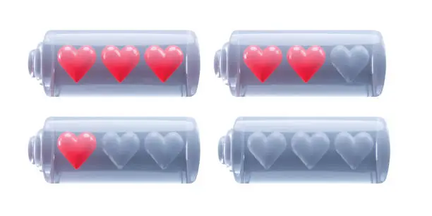 Vector illustration of Battery charge indicator with hearts glass 3d vector illustration. Love charge level. Discharged and fully charged battery. Heart progress bar. Valentine's day.