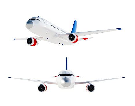 Realistic aircraft. Passenger plane in different views. 3D render of an airplane isolated on white background.