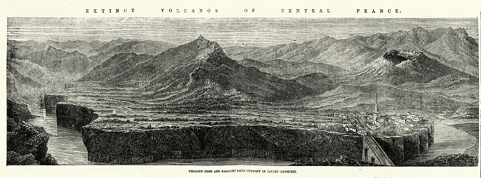 Vintage illustration Volcanic cone and basaltic lava current, Jaujac, Ardèche, France, 1850s