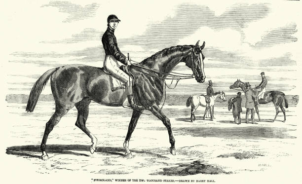 скачки, жокей верхом на скаковой лошади фицроленд, победитель двух тысяч ставок, викторианская эпоха 1850-х годов, 19 век - ridinf stock illustrations