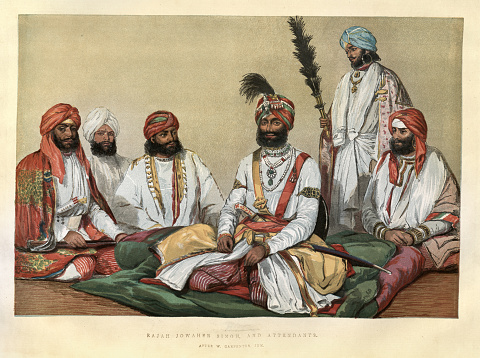 Vintage illustration Rajah Jowaher Singh and Attendants, Indian fashions,  Sikh, 1850s